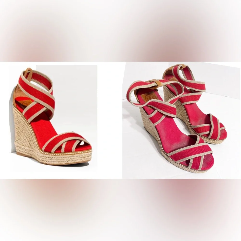 Tory Burch Adonis Red Wedge Espadrilles Nautical Platform Wedges Stretchy Straps